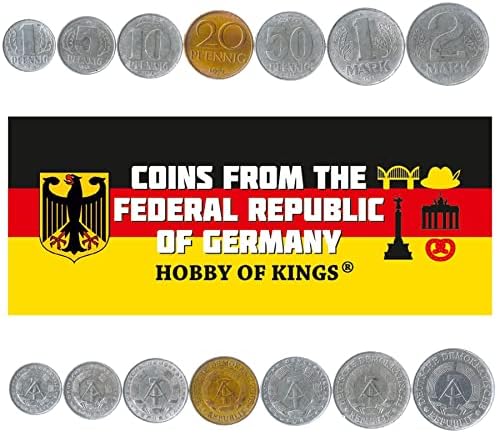 7 מטבעות מהרפובליקה הדמוקרטית הגרמנית | אוסף סט מטבעות מזרח גרמני 1 5 10 20 50 Pfennig 1 2 Mark | הופץ 1960-1990 | עלה של עץ אלון